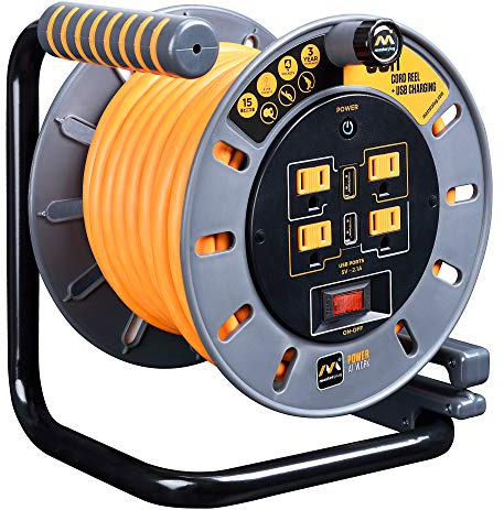 Masterplug 50ft Cord Reel, Retractable Extension Lead with Winding Handle, Safety Overload Circuit Breaker and Power Switch, 4x Grounded Outlets, 2x USB Ports, 15amps, 12AWG Cable