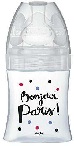 Dodie - Biberon Anti-Colique Sensation+ Verre, PARIS, 150ml, 0-6 mois, Tétine plate, Débit 1