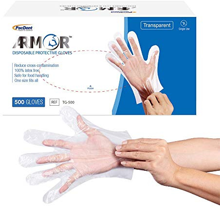 Pac-Dent Armor Disposable Protective Gloves, Clear Plastic, Multi-Use, 500 pcs/Box