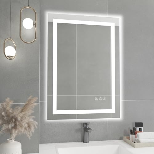 furduzz Espejo de Baño de 70x50 cm, Espejo de Tocador de Pared Retroiluminado con botón táctil, CRI 90 Ajustable Cálido/ Natural/ Luces Blancas y Brillo, Antiniebla