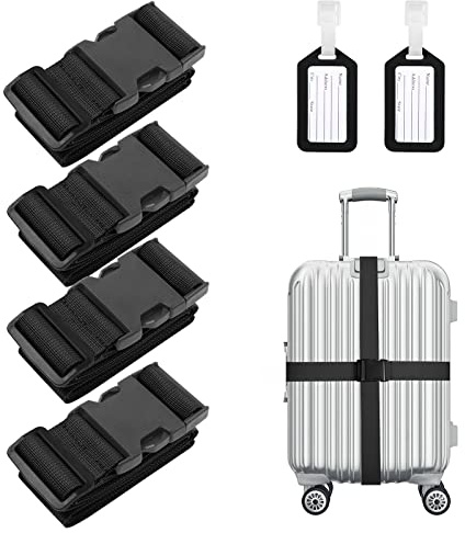 Flintronic Correas para Equipaje Nailon, Paquete de 4 Cinturones para Maleta Ajustables de Equipaje de Viaje, Incluye 4 Etiquetas de Equipaje para Etiquetas de Identificación-Negro