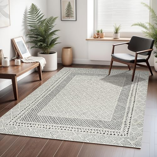 Livabliss Monaco Wohnzimmer Boho, großer Schlafzimmer 160x213 cm ,Esszimmer mit geometrischem Muster, Skandinavischer Wohnzimmer modern in Grau, Schwarz, Creme