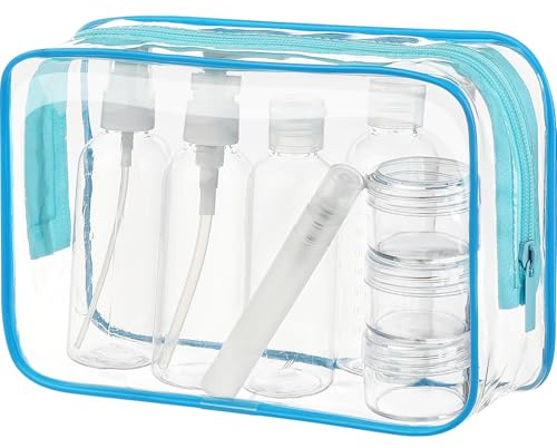 MOCOCITO Kit de Voyage Transparent, Trousse de Toilette Transparent, 5pcs Bouteilles Vides (Max.100ml) + Étiquettes Vierges + Feutres à Encre Permanente (Bleu)