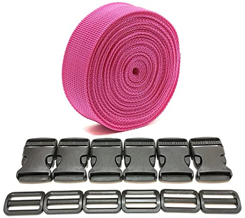 Cinta de Mochila 3 Metros x 32 mm + 6 Hebillas de Plástico, Cinta de Nylon con Broches, Correa de Mochila, Cincha para Equipaje, Correa para Maletas, (32mm, Rosa 144)