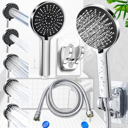 Weploda Pomme douche haute pression, Douchette pommeau douche economie deau, Douche à effet pluie avec 5 modes, Pommeau douche avec flexible 1,5 m, Pour cuisine,salle bain(Avec support sans poinçon)