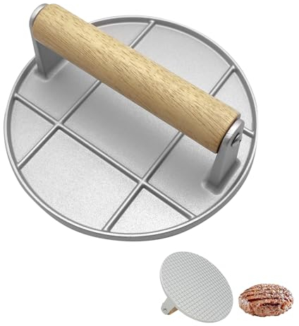 Foyucool Prensa Hamburguesas, 16cm Redondo Smash Burger Press, Mango de Madera Resistente al Calor, Exprimido de Grasa, Fácil de Limpiar, para Grill, Cocinar, Plateado