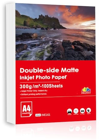 Inkuway A4 300 g/m² tjockt och tungt matt fotopapper på båda sidor – utskrivbart bläckstrålepapper för menyer (A4 matt, 300 g/m² x 100 ark)