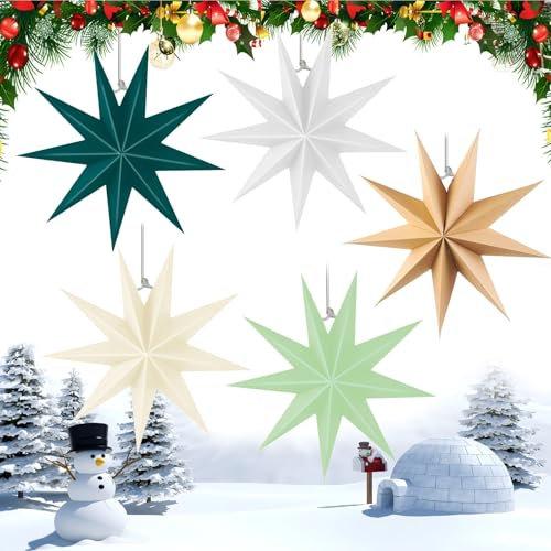 ZZQVIP Set di 5 Stelle di Natale in Carta 30cm Stelle di carta da Appendere 9 Punte in 5 Colori (Bianco, Verde Scuro, Verde Chiaro, Kraft, Crema),Decorazioni Carta Natale per Finestra, Tavolo o Festa