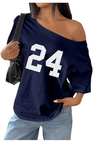 SOLY HUX Women's Off The Shoulder Tops Graphic Tees Jersey Shirts Number Print Baggy Oversized T Shirts Dark Blue M