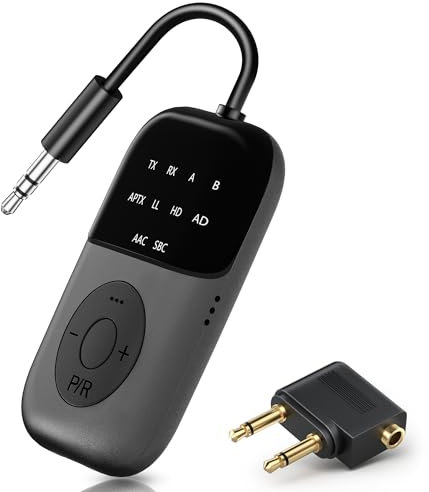 SOARUN 2-IN-1 Bluetooth 5.4 Adapter Transmitter, 24H Spielzeit, aptX Low Latency Airfly Gadgets, Bluetooth Empfänger Sender Klinke 3,5 für Flugzeug, Airpods, Kopfhörer,TV, Audio System, Auto