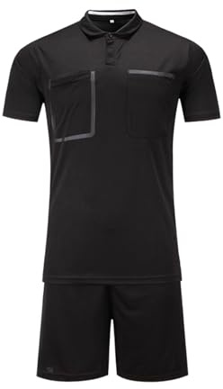 RenDiuJups Men's Football Referee Kit Set - Short Sleeve Referee Shirt & Shorts with Pockets, Breathable & Quick-Dry Polyester, Ideal for Training & Matches(Black,L)
