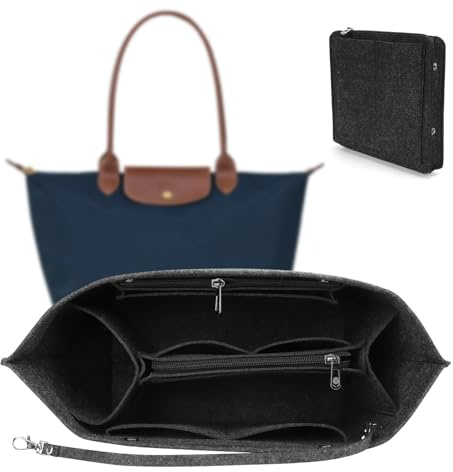 ZOLGINAH Organisateur Sac pour Longchamp,Organiseurs de Sacs à Main en Nylon pour Femmes,Pochette de Rangement avec Trousseau de Clés et Fermeture éclair (Gris foncé, L)