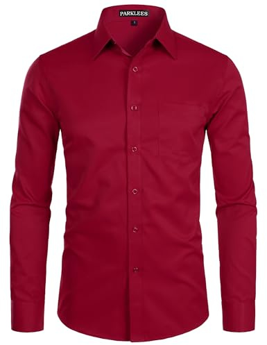PARKLEES Chemise pour homme à manches longues coupe slim, avec poche sur la poitrine, pour loisirs, affaires, mariage, bordeaux, XL