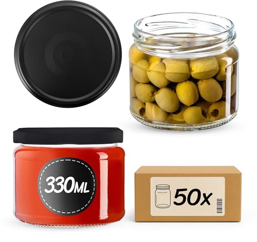 KADAX Tarros de cristal para mermelada, 330 ml, con tapa de rosca fi82 mm, para mermelada, miel y mermelada, tarros de cristal con tapa (negro mate, 50 unidades)