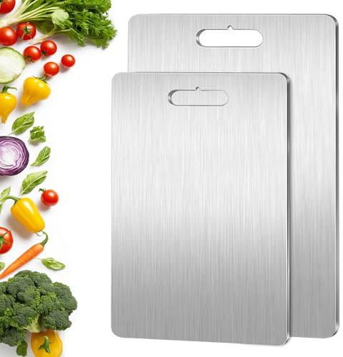 2 Piezas Tabla de Cortar de Titanio,S316 Tabla de Cocina Acero Inoxidable, Doble Cara,Ideal para Cortar,Carne,Verduras,Frutas(34 x 23 cm+25 x 15 cm)