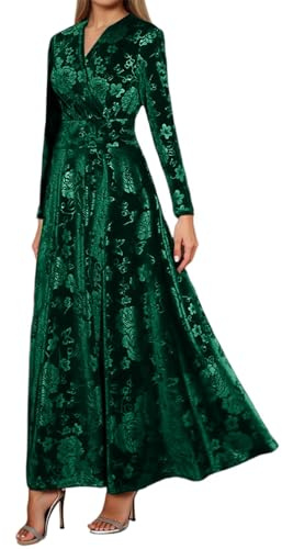 Abito in velluto da donna, a maniche lunghe, lunghezza al ginocchio, abito avvolgente, per cocktail, feste, matrimoni, feste, autunno, inverno, lungo, linea A-Line, O verde scuro, S