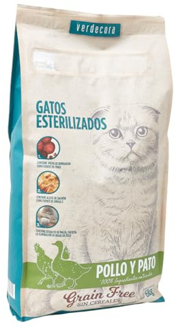 Verdecora Alimento Completo para Gatos Adultos Esterilizados con Pollo y Pato | Sin Cereales | Pienso para Todas Las Razas | 6kg