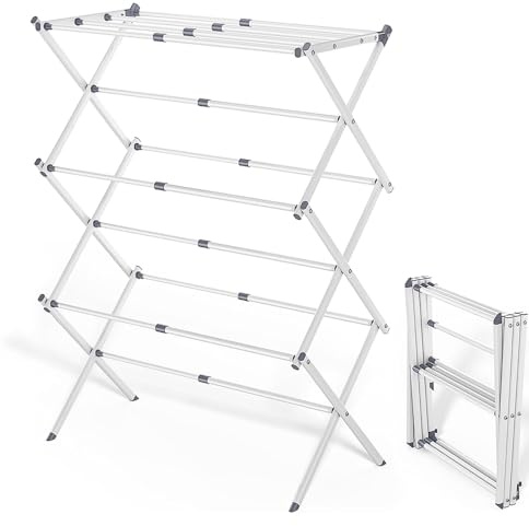 Bobikuke Foldable Clothes Drying Rack with 4 Hangers, Portable Extendable Laundry Drying Rack for Indoor Air Drying Clothing, 41x29x14, White