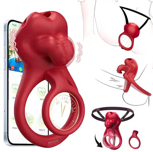 Couples Sex Toys Wearable Vibrator, Vibrating Cock Ring Clitoral Vibrator, Vibrating Panties Sex Toy, App Remote Control BDSM Vibrator Penis Ring Clitoral Stimulator Adult Toy for Men Women (Red)