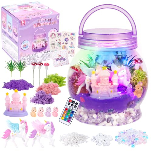 MELAND Purple Unicorn Terrarium Kit, Light Up Fairy Garden for Girls 5-10 | Two lights, 13-colour lid light plus a separate light string, make this guided unicorn craft to gift and display