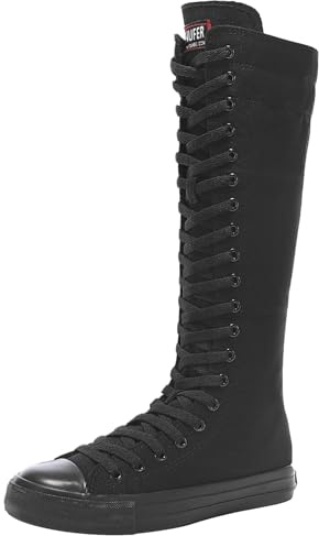 Jamron Filles Femmes Mode Genou Haut Lacer Bottes de Toile Pur Noir Fermeture Eclair Chaussures de Danse SN811 EU41