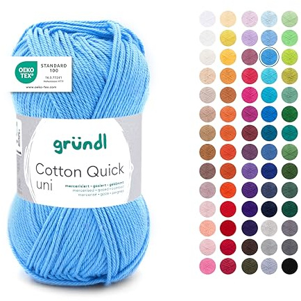 Gründl Wolle Cotton Quick uni - dünne Wolle zum Häkeln - Strickgarn - Häkelgarn - Glänzend und hautfreundlich - 100% Baumwolle - 1 Knäuel 50 g / 125 m - Nadelstärke 3-4 - Hellblau