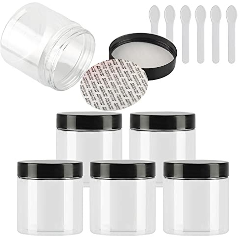 TIANZD 6 Pièces Vides Petit 200 ml Transparent Cosmétique Pot en Plastique avec Couvercle Noir 200 g Pots de Cosmétique Crème de Bouteille Contenant avec 6x Spatules