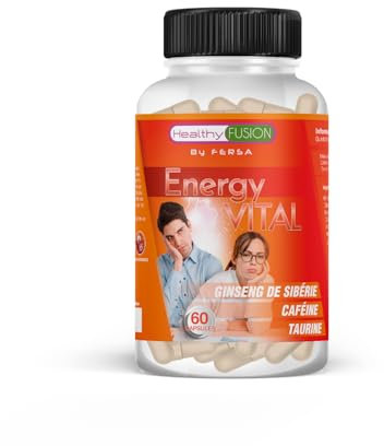 Healthy Fusion, Energy Vital | Formule énergisante et anti-fatigue efficace | Eleutherococcus + Taurine + Caféine | Stimulant 100% naturel | Améliore et stimule les performances musculaires | 60 cap