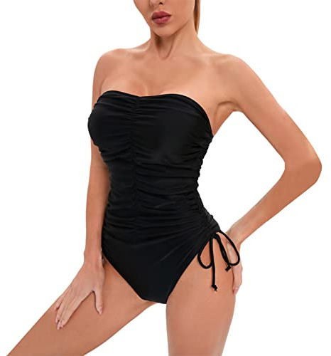 Maillot De Bain 1 Piece Femme Gainant Ventre Plat sans Bretelle Chic Pas Cher Rembourré Femme Monokini Grande Taille Imprimé Tropical Plage Océan Sport Natation Piscine (Noir, M)