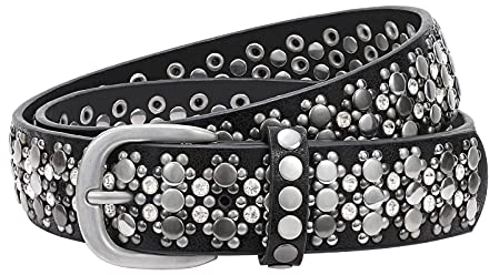 JasGood Damen Nieten Gürtel Funkelnden Strass Nieten Western Ledergürtel für Jeans Hosen,Schwarz,125cm(Passt Taille 91-105cm)