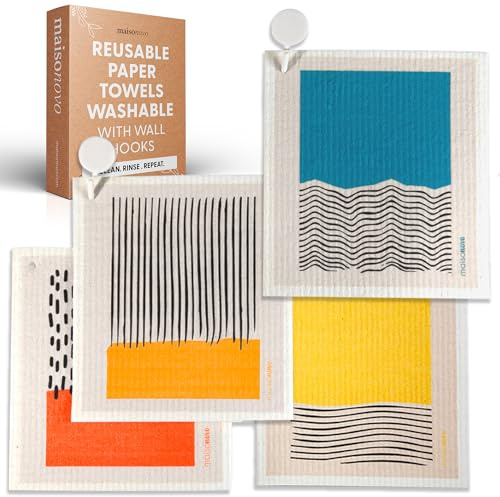 MaisoNovo Paños De Cocina Suecos - Trapos Cocina Algodon Sin Olores para Fregar Los Platos - Ultraabsorbentes y De Secado Rápido Limpieza - 4 x Abstracto con Ganchos De Pared