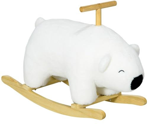 HOMCOM Orso a dondolo, per bambini, giocattolo a dondolo, cavallo a dondolo, con suoni e manico per 3-6 anni, base in legno massello, peluche corto, bianco