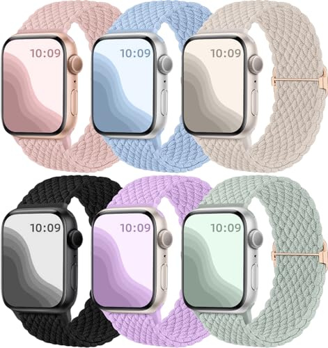 Maledan Flätat solo loop-armband kompatibelt med Apple Watch, 38, 40, 41, 42, 44, 45, 46, 49 mm, unisex, stretchigt, elastiskt sportband i nylon för iWatch SE, serierna 1 till 10, Ultra, 6-pack
