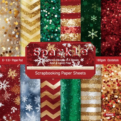 CRASPIRE 24Pcs Christmas Scrapbook Paper Pad 6 x 6in Colorful Background Light Shine Journal Greeting Cardstock Decorative Paper Sheets for Album Scrapbooking Journal Cards DIY Making Decoration