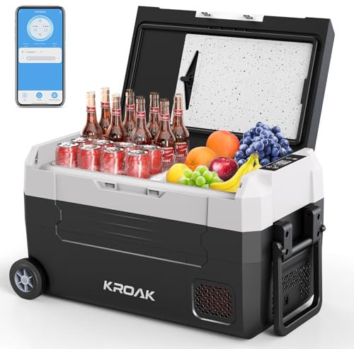 KROAK 35L Tragbarer Kompressor Kühlbox mit Bluetooth-App, Elektrisch Autokühlbox Dual-Zone (-20°C bis +20°C) +Schneidebrett, 12V/24V/230V, Rollen & Trennwand – für Camping, Auto, LKW, Wohnmobil