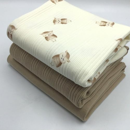 Stoffpaket Jersey-Paket Ribstrick Jersey | Rippenjersey | unregelmäßige Rippen | 3 Designs | Ökotex (Eulen, dunkelbeige)