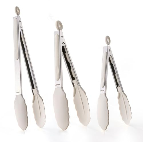CAROTE Tongs for Cooking Heat Resistant Stainless Steel Kitchen Tongs with Non Scratch Silicone Tips, Perfect for Nonstick Cookware, BBQ Tongs Set of 3 (7+9+12)
