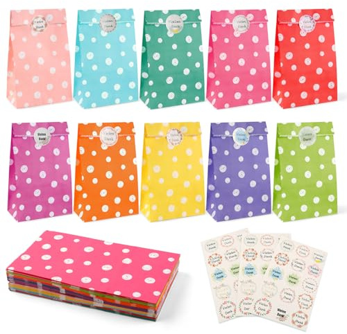 40 Stück Papiertüten, Bunte Geschenktüten Klein mit 45 Stück Aufkleber, 10 Farben Geburtstagstüten für Kindergeburtstage, Hochzeiten, Feiern Partytüten (12 x 22 x 7 cm)