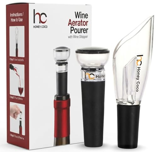 HC Honey Coco Wine Aerator Pourer with Vacuum Pump Stopper - 2-Piece Gift Set, Drip-Resistant Wine Pourer Spout, Instant Aeration for Smoother Taste, Wine Saver for Open Bottles, BPA-Free