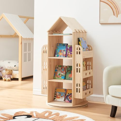 [en.casa] Libreria Girevole per Cameretta Scaffale Rotante per Bambini con 4 Livelli e Vani Laterali Mobile Porta Libri Design Casetta 122 x 64 x 43 cm Legno Naturale
