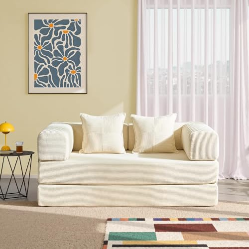 YINIX Sofá Cama 2 Plazas de 160cm, Sofá de Suelo Modular de Pana (Sin Montaje), Sofá Nube Plegable Sin Estructura, Funda Lavable, Cama de Invitados, Crema, 160 x 180cm