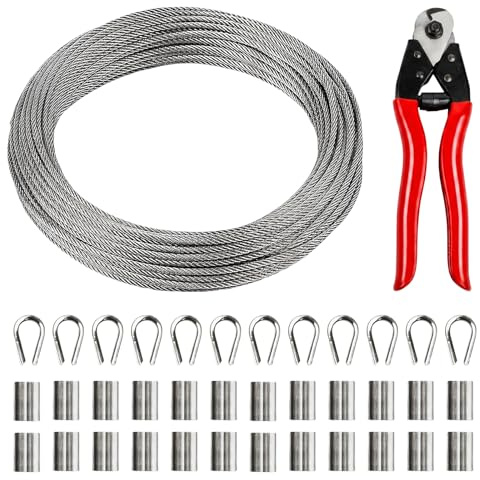 Cable de Acero Inoxidable de 30m 3mm,Kit de Cuerda de Alambre con 1 Cortacables,12 Dedales,24 Manguitos de Crimpado,Núcleo de 7 x 7, Kit Cable Acero para Lámpara Colgante,Plantas Trepadoras,Valla