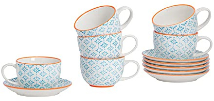 Nicola Spring Hand Printed Cappuccino Cups with Saucers - 250ml - 12pc Blue Porcelain Cappuccino Cups and Saucer Set Coffee Mugs with Handle and Plate