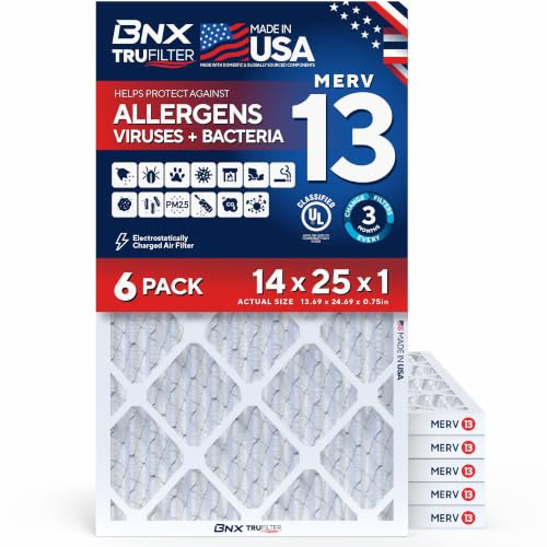 BNX TruFilter 14x25x1 Air Filter MERV 13 AC Filter, HVAC Furnace Filter, 6 Pack (ACTUAL SIZE 13.69x24.69x0.75) Allergies, Dust, Pet Dander & Smoke - MADE IN USA - MPR1500 / FPR 10