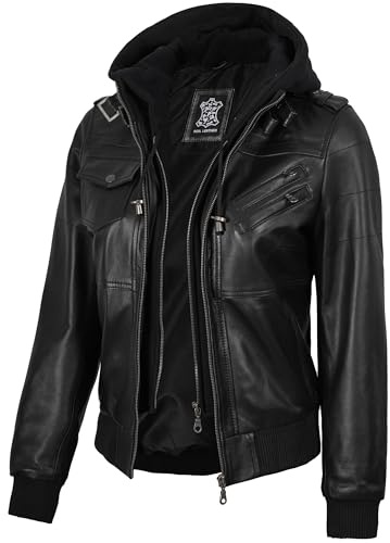 fjackets Veste en cuir pour femme - Véritable Lambksin Veste bomber en cuir pour femme avec capuche amovible - Noir Édimbourg | [1313624] L