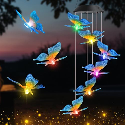 iShabao Papillon Carillon Solaire, 6 LED Carillon a Vent Exterieur Solaire, Étanche Solaire Carillon Jardin, Cadeau Maman, Cadeau Femme, Décoration d'Arbres, Balcons, Mariages (Bleu)