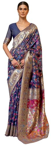 SGF11 Women's Kanjivaram Soft Silk Saree With Blouse Piece (Dark Blue) 6.3metres