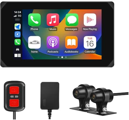 VSYSTO 5 Pollici motocicletta Carplay Touchscreen, Wireless Carplay e Android Auto,Navigazione GPS,sensori di pressione pneumatici,WiFi motocicletta Dash Camera 1080P fotocamera anteriore e posteriore