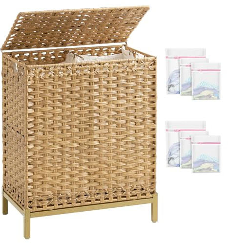 SETVSON Laundry Hamper with Lid, 112 L Handwoven Rattan Wicker Laundry Basket, 2 Removable Liner Bags Metal Heightened Feet, 6 Mesh Bags, 2 Section Large Clothes Hamper for Bathroom Bedroom, Natural