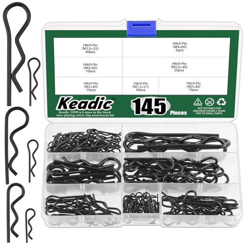 Keadic Kit de 145 goupilles d'attelage robustes en 7 tailles, en zinc noir, attaches à ressort pour remorque, tracteurs, tondeuses, chariots
